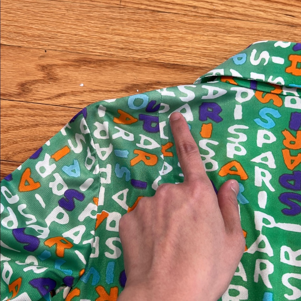 Vintage Green, Purple, Orange, Blue Vibrant PARIS letter patterned Shirt Dress - Picture 10 of 11